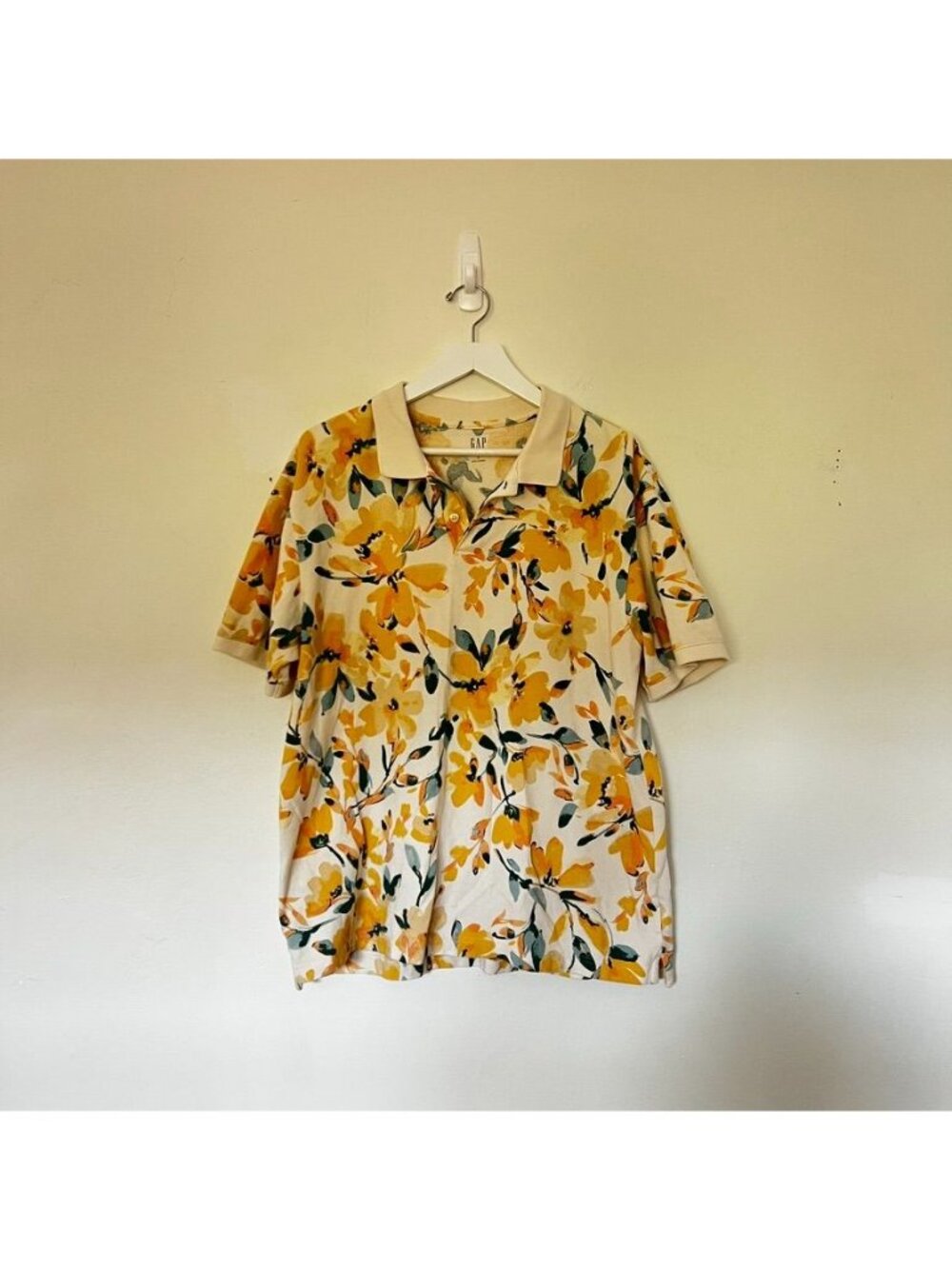 Gap Yellow Floral All Over Polo Shirt Mens Large Short Sleeve Tropical Vacation - Picture 4 of 12